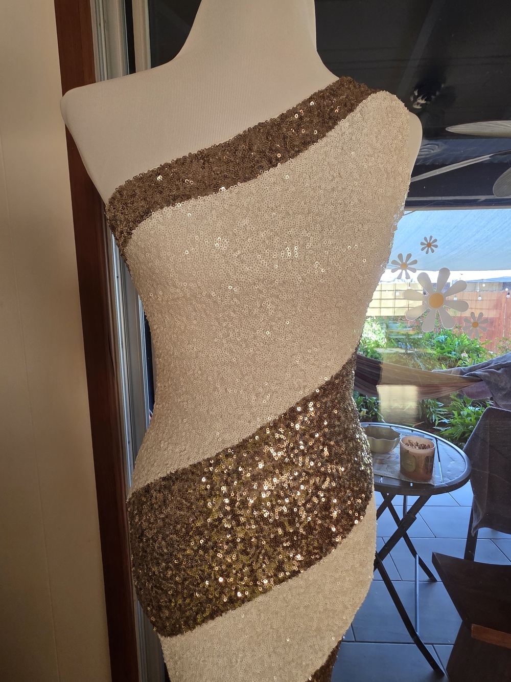 bebe One-Shoulder Ivory and Gold Sequin COCKTAIL Party Dress SMALL